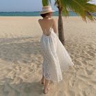 Sexy Back Tie Strap 115cm White Sleeveless Beach Dress Mid Length